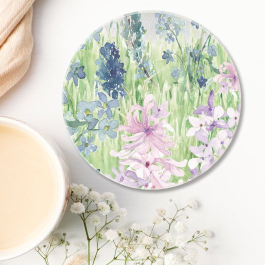 水彩青紫色の花草山 コースター