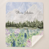 水彩青紫色の花草山 シェルパブランケット (正面)