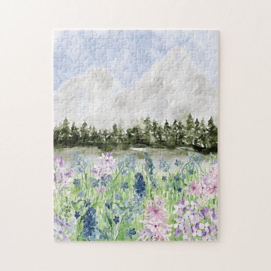水彩青紫色の花草山 ジグソーパズル (縦)