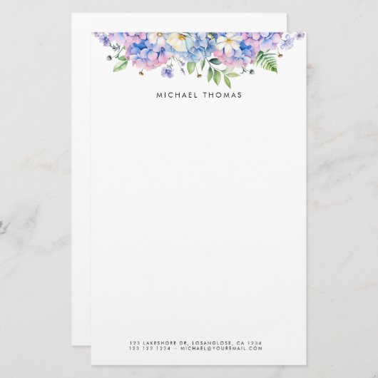 水彩青紫陽花と白花フローラ 便箋 (正面/裏面)