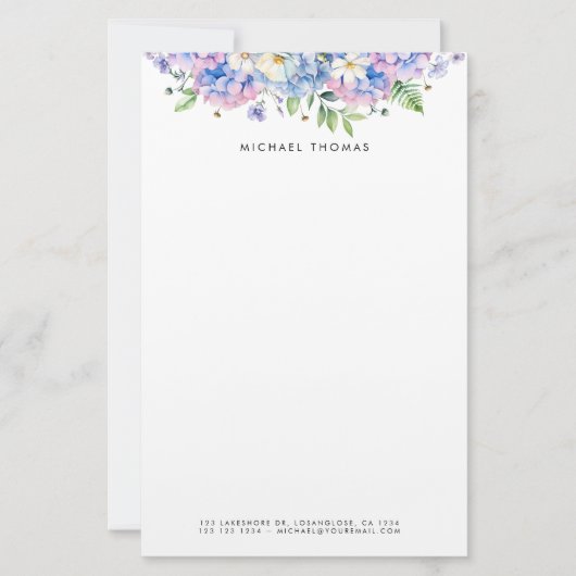 水彩青紫陽花と白花フローラ 便箋 (正面)