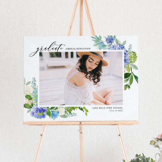 水彩青紫陽花フレーム写真卒業 ポスター