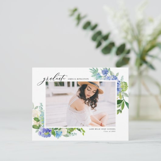 水彩青紫陽花フレーム写真卒業 案内ポストカード (スタンド正面)