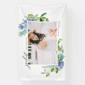 水彩青紫陽花フレーム写真卒業 横断幕 (縦)