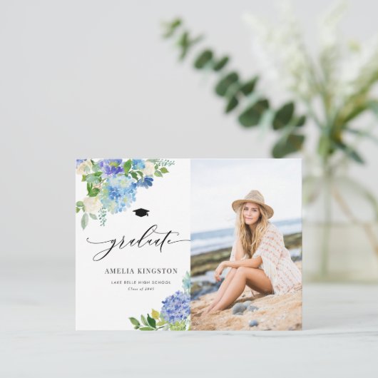 水彩青紫陽花フローラ写真卒業 インビテーションポストカード (スタンド正面)