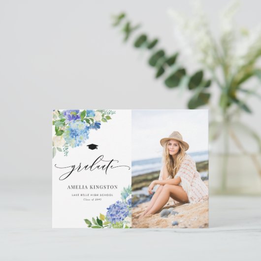 水彩青紫陽花フローラ写真卒業 案内ポストカード (スタンド正面)