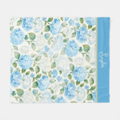 水彩青紫陽花フローラ名 フリースブランケット (正面(横))