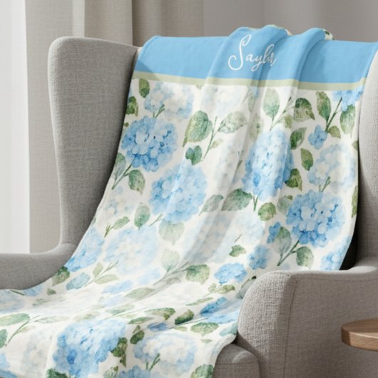 水彩青紫陽花フローラ名 フリースブランケット
