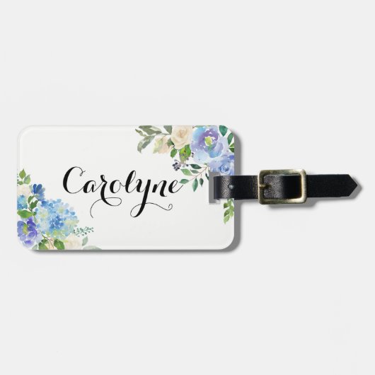 水彩青紫陽花フローラ パーソナライズされた ラゲッジタグ (正面横)