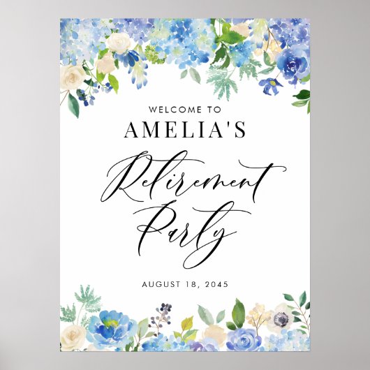 水彩青紫陽花リタイアメントウェルカムサイン ポスター (正面)