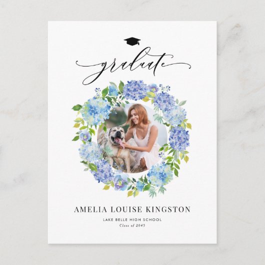 水彩青紫陽花リース写真卒業 案内ポストカード (正面)