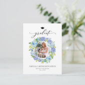 水彩青紫陽花リース写真卒業 案内ポストカード (スタンド正面)