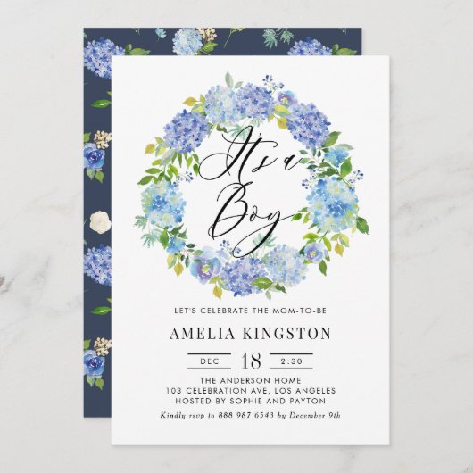 水彩青紫陽花リース男の子 招待状 (正面/裏面)