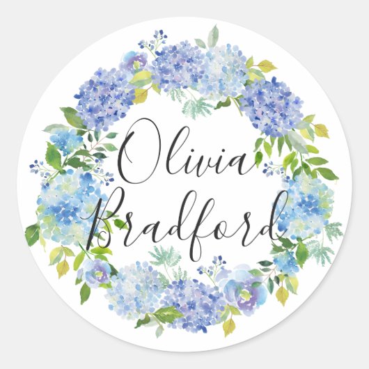 水彩青紫陽花リース パーソナライズされた ラウンドシール (正面)