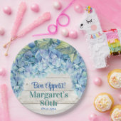 水彩青紫陽花80誕生日 ペーパープレート (パーティー)
