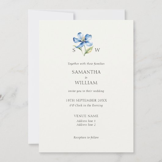 水彩青結婚花 招待状 (正面)