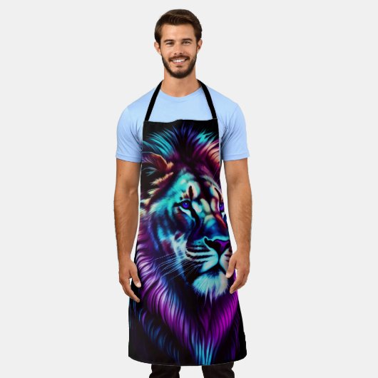 水彩青絵を描紫ライオン エプロン (着用した状態)
