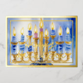 水彩青絵画（ユダヤ教）メノラーのキャンドル 箔シーズンカード (正面)