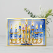 水彩青絵画（ユダヤ教）メノラーのキャンドル 箔シーズンカード (立ち正面)
