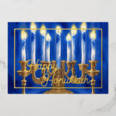 水彩青絵画（ユダヤ教）メノラーのキャンドル 箔シーズンカード (正面)
