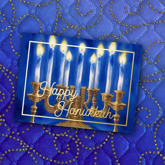 水彩青絵画（ユダヤ教）メノラーのキャンドル 箔シーズンカード