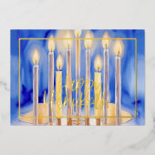 水彩青絵画（ユダヤ教）メノラーのキャンドル 箔シーズンカード (正面)