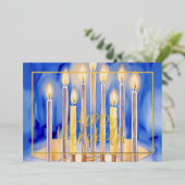水彩青絵画（ユダヤ教）メノラーのキャンドル 箔シーズンカード (立ち正面)