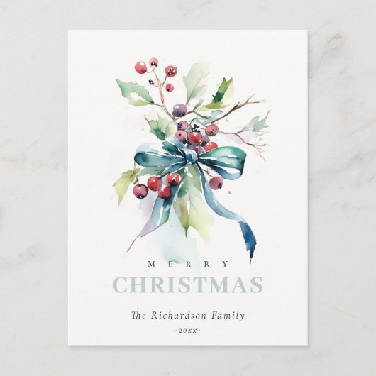 水彩青緑の冬の果実クリスマス シーズンポストカード (正面)