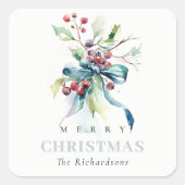 水彩青緑の冬の果実クリスマス スクエアシール (正面)