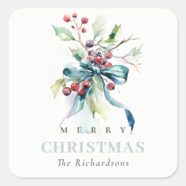 水彩青緑の冬の果実クリスマス スクエアシール