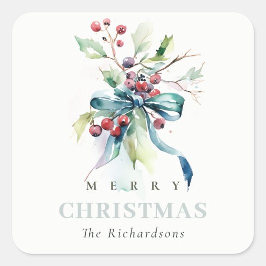 水彩青緑の冬の果実クリスマス スクエアシール (正面)