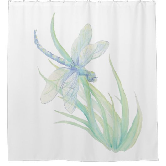 水彩青緑トンボ芸術 シャワーカーテン (正面)