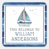 水彩青航海のボートキッズパーソナライズされたズ スクエアシール (正面)
