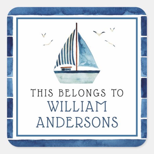 水彩青航海のボートキッズパーソナライズされたズ スクエアシール (正面)