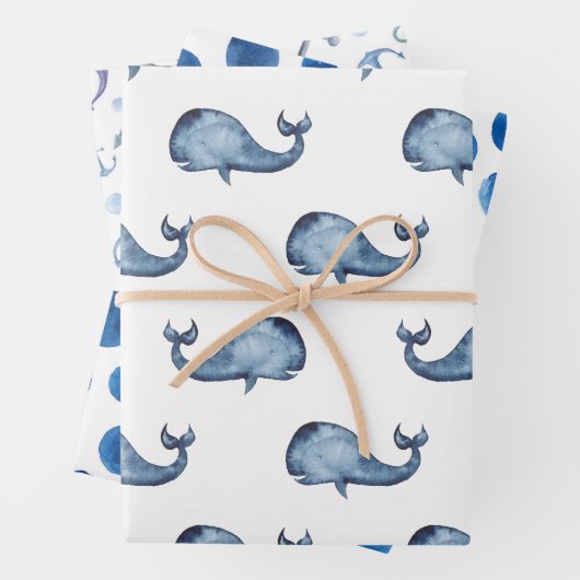 水彩青航海の模様。クジラ、水玉模様 ラッピングペーパーシート (インサイチュ)