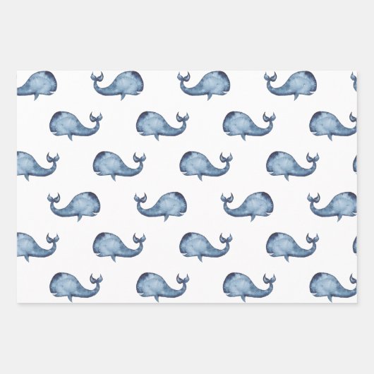 水彩青航海の模様。クジラ、水玉模様 ラッピングペーパーシート (正面)