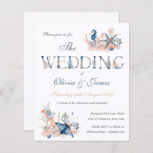 水彩青航海の海結婚式招待状 (正面/裏面)