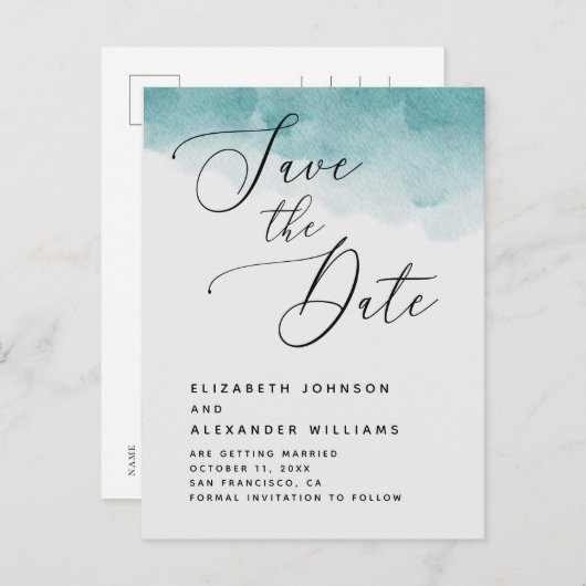 水彩青航海の結婚式の日付を保存 案内ポストカード (正面/裏面)