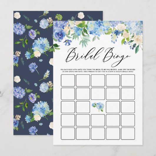 水彩青色アジサイ ブライダルシャワー ビンゴ エンクロージャーカード (正面/裏面)