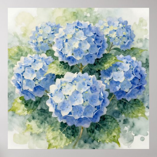 水彩青色紫陽花の花束 ポスター (正面)