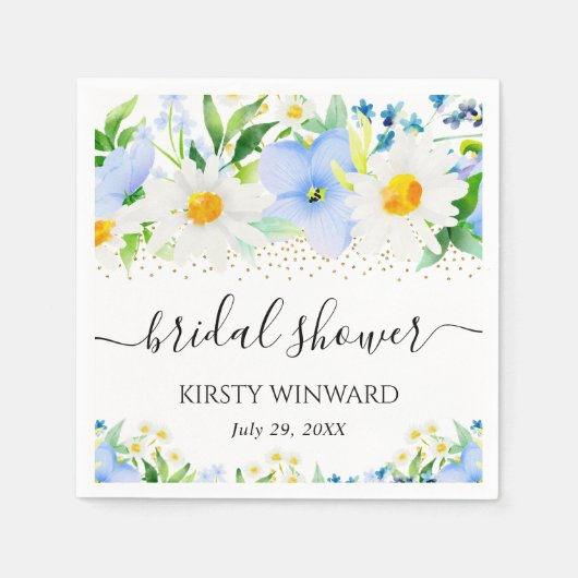 水彩青花とデイジーブライダルシャワー スタンダードカクテルナプキン (正面)