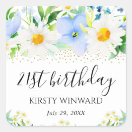 水彩青花とデイジー誕生日 スクエアシール