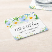 水彩青花とデイジー誕生日 スクエアペーパーコースター (アングル)