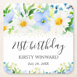 水彩青花とデイジー誕生日 スクエアペーパーコースター