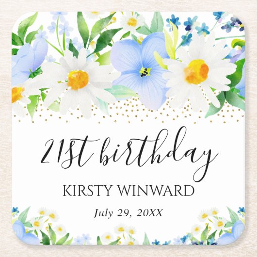 水彩青花とデイジー誕生日 スクエアペーパーコースター (正面)