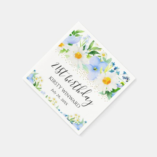 水彩青花とデイジー誕生日 スタンダードカクテルナプキン (角)