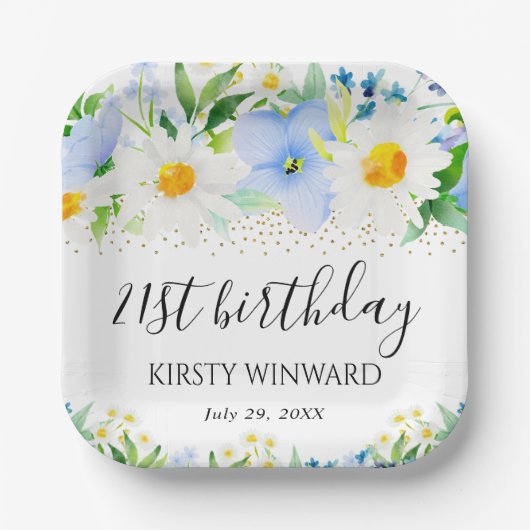 水彩青花とデイジー誕生日 ペーパープレート (正面)