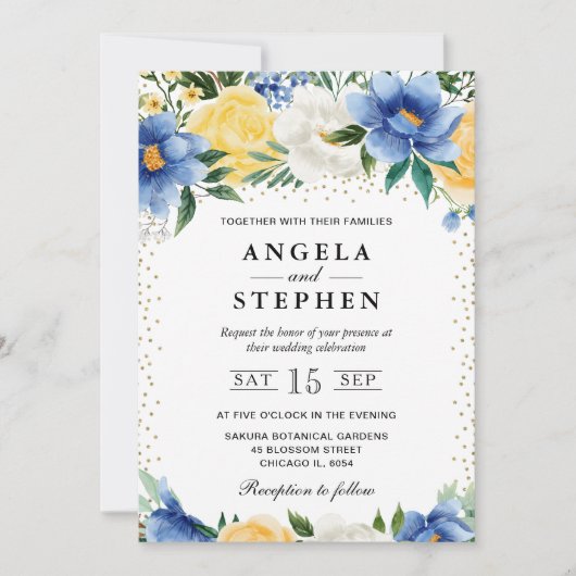 水彩青花と黄花結婚の 招待状 (正面)