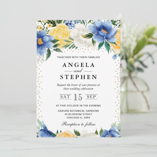 水彩青花と黄花結婚の 招待状 (スタンド正面)