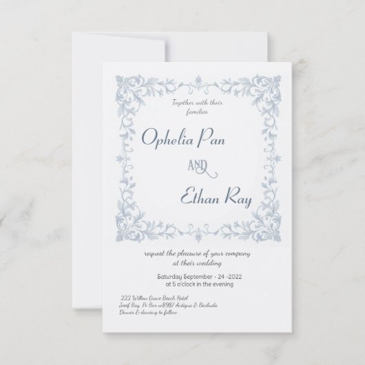 水彩青花フレームウェディング招待状 招待状 (正面)